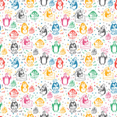 Penguins. Hand drawn doodle Cute penguins Seamless pattern. Four Seasons. Times of year. Weather. Funny penguins at different times of year - vector illustration
