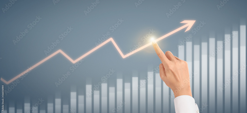 Wall mural Hand  plan graph growth and increase of chart positive indicators in his business