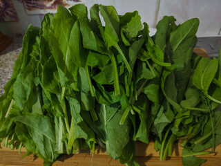 Kamen-na-Obi, Altai, Russia - May 23, 2020:  Green leaves of sorrel lie on a wooden board. Veiw.