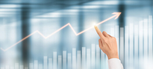 Hand  plan graph growth and increase of chart positive indicators in his business