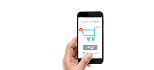 Hand holding smartphone device and touching screen, Online shopping SME entrepreneur. Buy and sell online, Mobile payment with wallet app
