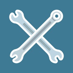 Two crossed Wrenches. Sticker with thick white stroke. icon flat element. vector illustration of wrench icon flat isolated on blue background web app logo design.