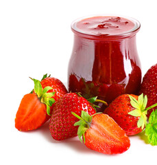 Jar of tasty strawberry jam on white background