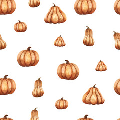 Fototapeta premium Watercolor pumpkins on a white background seamless pattern. Background for the holiday Halloween. Handmade.