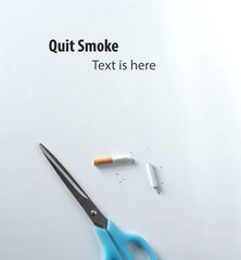 cutting cigarette into two parts by scissors isolated on white background from top view with copy space. concept quit smoke.