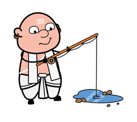 Fototapeta na wymiar Cartoon South Indian Pandit Fishing