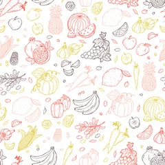 Gordijnen Vegetables and fruits seamless pattern. Hand drawn doodle Fresh Fruit and Vegetable  © AllNikArt
