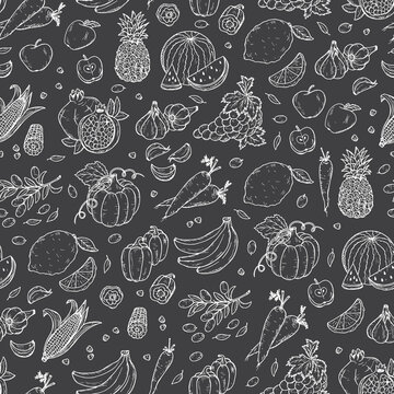 Vegetables and fruits seamless pattern. Hand drawn doodle Fresh Fruits and Vegetables
