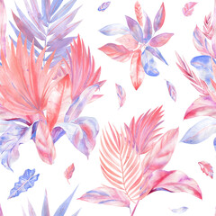 Watercolor Palm leaves, digital paper. Pink and blue tropical leaves. Seamless patterns