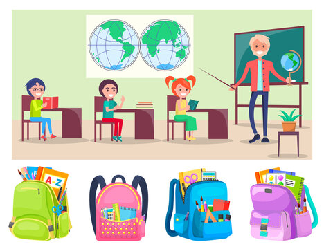 Children sitting on geography lesson at school. Teacher explainind educational material to pupils using globe and hemispheres map vector illustration. Back to school concept. Flat cartoon