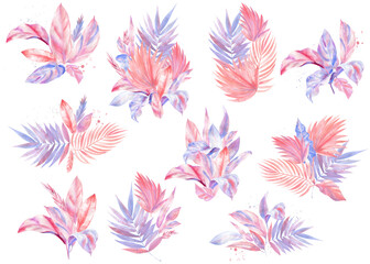 Fototapeta na wymiar Bouquet of exotic plants, Watercolor pink and lilac tropical leaves