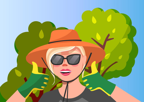 Smiling woman gardener in wide-field hat, green gloves, sunglasses. Girl holds thumbs up, gesture of satisfaction. Gesture thumb up. Young woman working in garden or farm. Vector Illustration