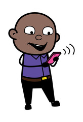 Cartoon Bald Black Man Watching Smartphone