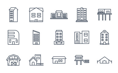 city buildings line style icon set vector design