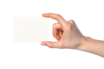 Obraz premium Woman's hand with blank white business card isolated on white