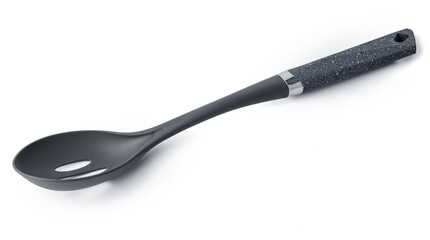 Black plastic spoon for draining on white background