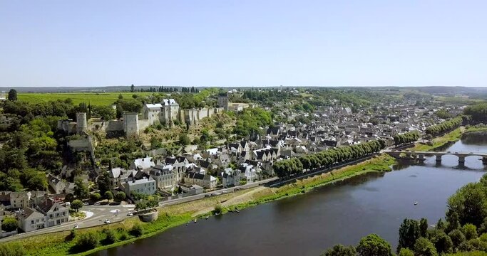 Drone video of the beautiful village of Chinon and its famous royal fortress