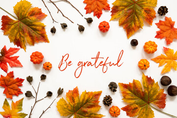Beautiful Calligraphy Of English Text Be Grateful. Frame Of Bright Colorful Autumn Leaf Decoration.