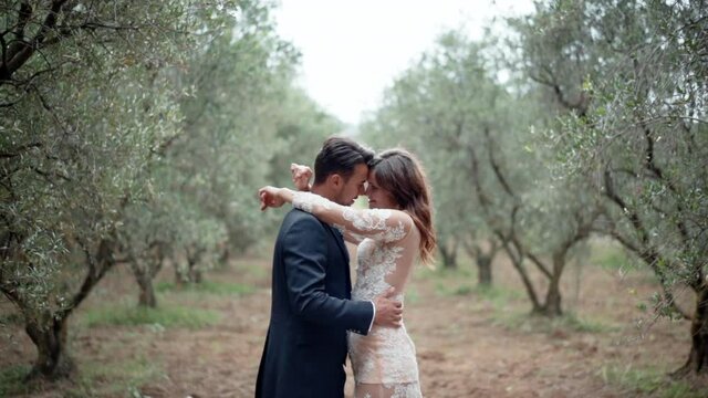Intimate sincere emotions of young couple in amazing olive trees garden, hugs and kisses concept. Romantic dating among the nature, love and happiness in relationship