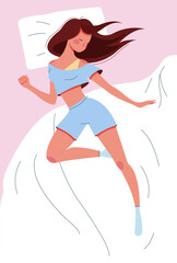 Cute pretty slim young woman sleeping in bed in pajamas without a blanket. Top view. Good healthy sleep concept. Female character dozing or napping on comfy mattress. Flat colorful vector illustration