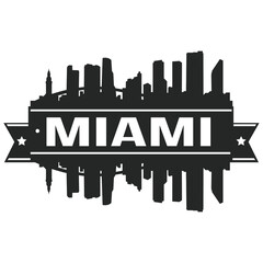 Miami Skyline Silhouette Stamp City. Reflection Landscape City Design. Vector Cityscape Icon.  