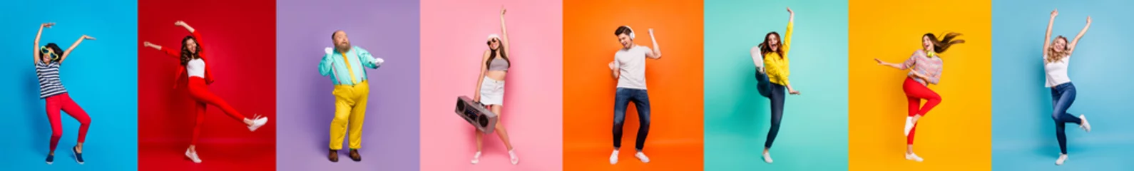 Gordijnen Panorama collage eight cool funny attractive active modern people six ladies two guys men good mood dance discotheque party isolated many colors blue violet teal orange yellow pink red background © deagreez