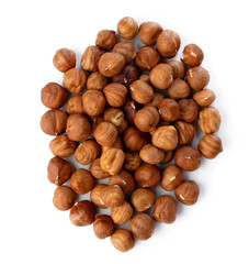 Heap of raw hazelnuts isolated on white