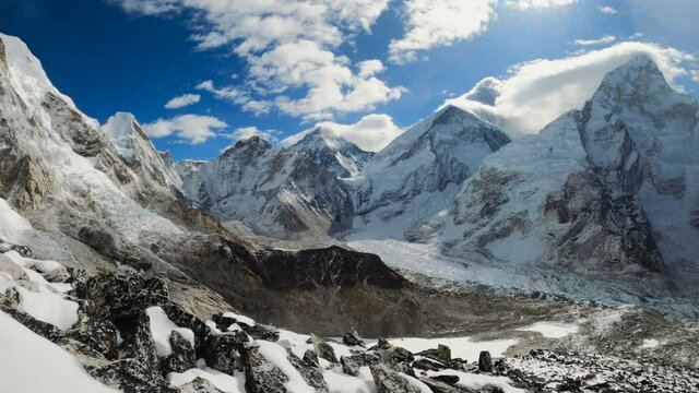 Beautifull Everest and Nuptse mountains landscape at the Everest Base Camp trek. View from Kala Patthar mountain. Himalaya landscape and mountain views.