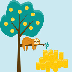 Sloth sleep on money tree, tree have fruits as golden coins, stack of golden coins, passive income concept