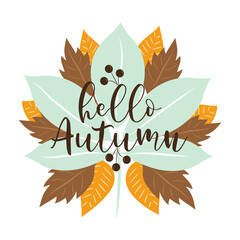 Hello Autumn text, with colorful leaves set, on white backgrond.
Good for poster, banner, greeting card, template, design.
