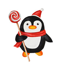 Penguin in Santa hat with holding a candy on a stick. Winter character. Watercolor illustration, hand drawn.