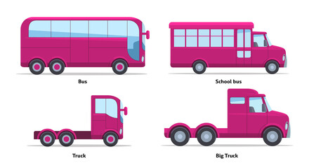 Set of buses trucks side view. Vector stock flat illustration. Raspberry cartoon, toy car. Simplified style for design and animation.