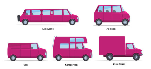 Set of passenger cars side view. Vector stock flat illustration. Raspberry cartoon, toy car. Simplified style for design and animation.
