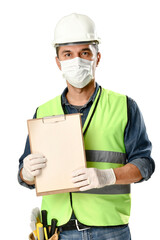 Construction worker wearing protective face mask and gloves to avoid Coronavirus epidemic holds clipboard isolated on white background.     
