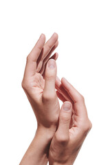 Handmodel zwei Hände berühren sich für Kosmetik freigestellt auf Weiß.