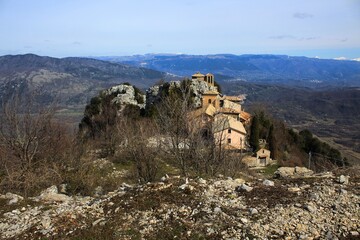 Ancient Marian Catholic sanctuary on Mount Guadagnolo, Mentorella monti prenestini; solitary spiritual place immersed in the nature of the mountains of Lazio, rocky landscape of calm and tranquillity