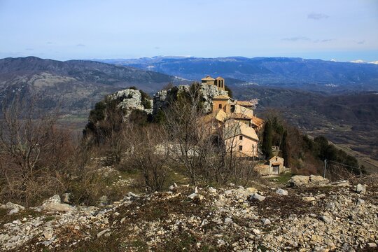 Ancient Marian Catholic sanctuary on Mount Guadagnolo, Mentorella monti prenestini; solitary spiritual place immersed in the nature of the mountains of Lazio, rocky landscape of calm and tranquillity