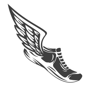 Hand drawn silhouette running shoes with wings isolated on white background. Stylized vector illustration. Minimalistic vintage design template element for print, label, badge or other symbol.