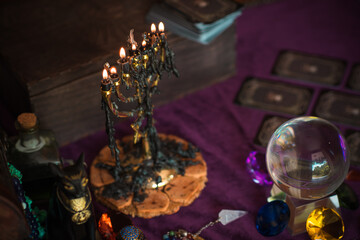 Tarot cards, Concept of fortune telling and predictions, magical rituals and wicca elements on a table