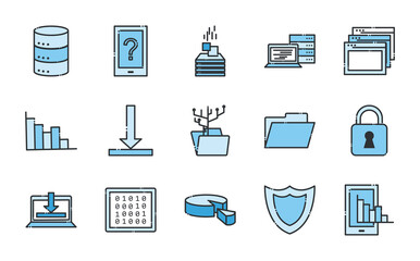 Big data line and fill style icon set vector design