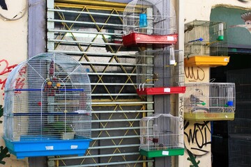Greece, Athens, July 16 2020 - Bird market, bird cages outside a shop in the center of Athens.