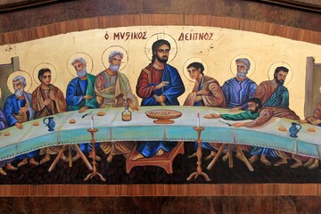 Greece, Athens, July 16 2020 - Old painting with the Last Supper outside an antique shop in the center of Athens.