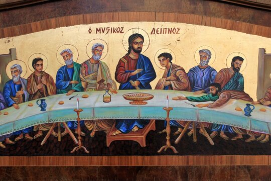 Greece, Athens, July 16 2020 - Old painting with the Last Supper outside an antique shop in the center of Athens.