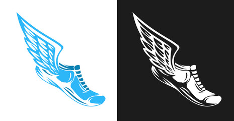 Hand drawn color silhouette running shoes with wings isolated on white background. Stylized vector illustration. Minimalistic vintage design template element for print, label, badge or other symbol. © cgterminal