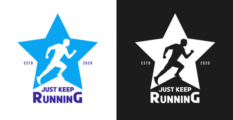 Vintage color and monochrome concept with silhouette running man for print, label, badge or other symbol isolated on white background. Vector illustration.