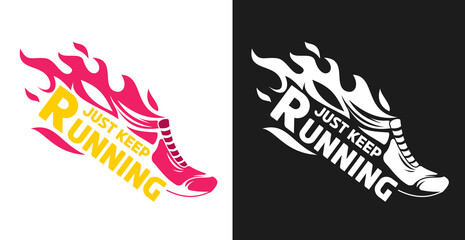 Hand drawn silhouette running shoes with fire flames isolated on white background. Stylized vector illustration. Minimalistic vintage design template element for print, label, badge or other symbol.