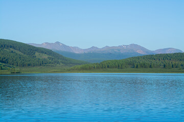 Fototapeta na wymiar A beautiful mountain lake with reeds surrounded by mountain ranges and impenetrable forests. The lake is high in the Altai mountains