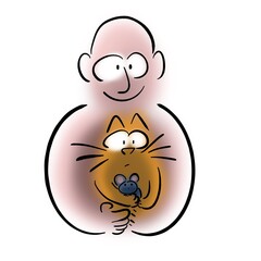 Man holding a cat. Cat holding mouse.