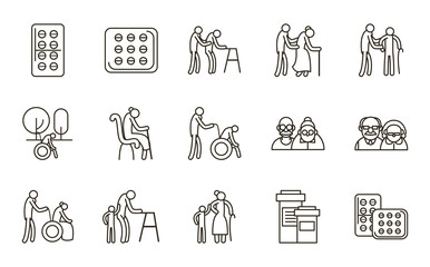Grandmothers and grandfathers line style icon set vector design
