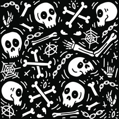 Hand drawn skull elements pattern. Skull background. Skull doodle illustration. Vector illustration. Seamless pattern with skull, bones, spider and chain